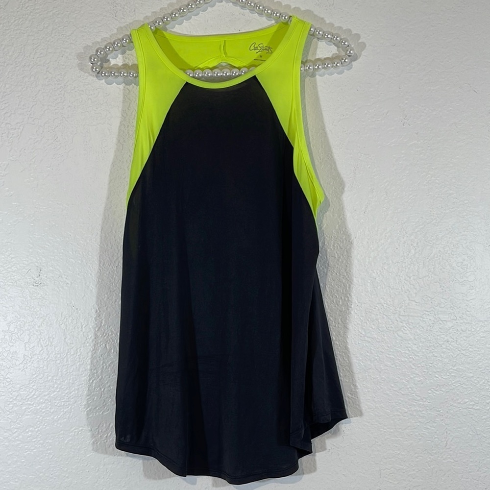 CITY STREETS Workout Sleeveless Tank Top Neon Green & Black Sexy Open Back M